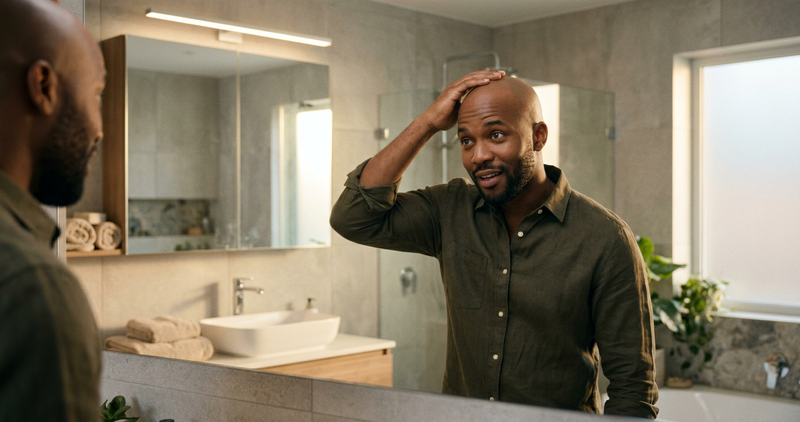 Man shaving his head for the first time looking in bathroom mirror