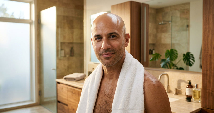 Bald man with a healthy, hydrated scalp on a cold autumn morning