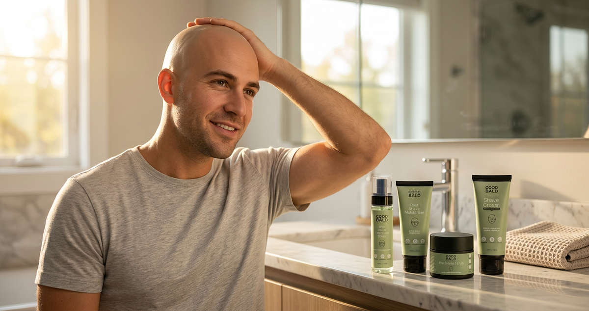 Confident man touching his freshly shaved head with GOOD BALD products