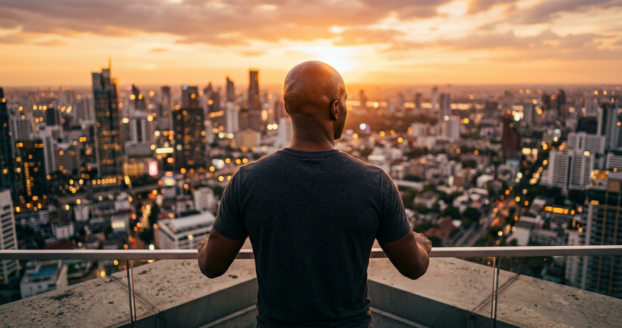 Bald man outdoors at golden hour, protecting his scalp from the summer sun