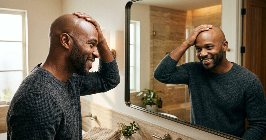 Bald man examining his freshly shaved scalp in a bathroom mirror