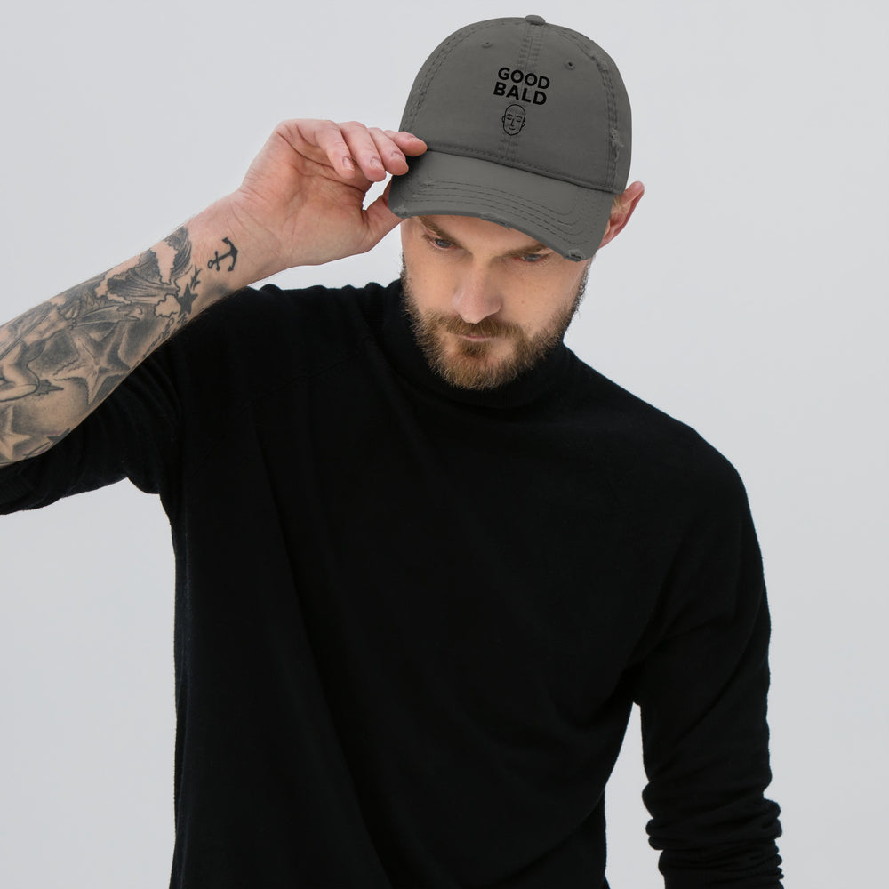 Good Bald distressed dad hat, charcoal grey, front