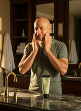 Person with healthy scalp shine after using Good Bald moisturizer