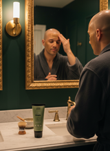 Person applying Good Bald bentonite clay shave cream to scalp