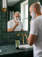 Person applying Good Bald tea tree shave cream to scalp